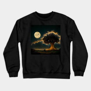 Large old oak tree at night surrounded by glowing magic mushrooms on the ground and a full moon in the sky with fractal clouds Crewneck Sweatshirt